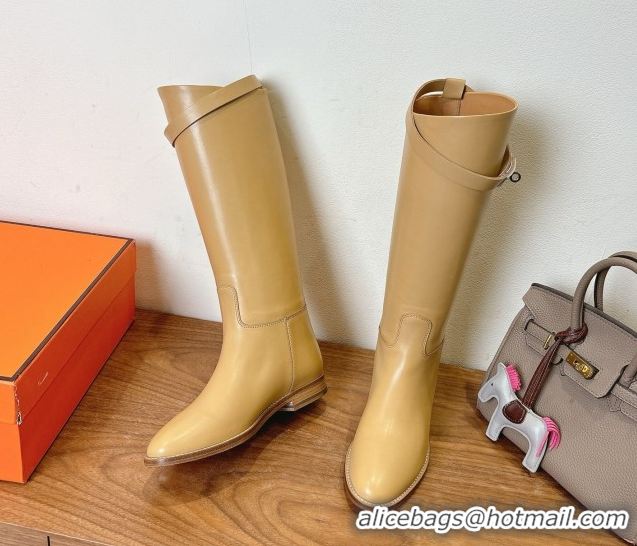 Stylish Hermes Jumping High Flat Boots in Calfskin Leather with Kelly Buckle Strap Beige H102302 1023078