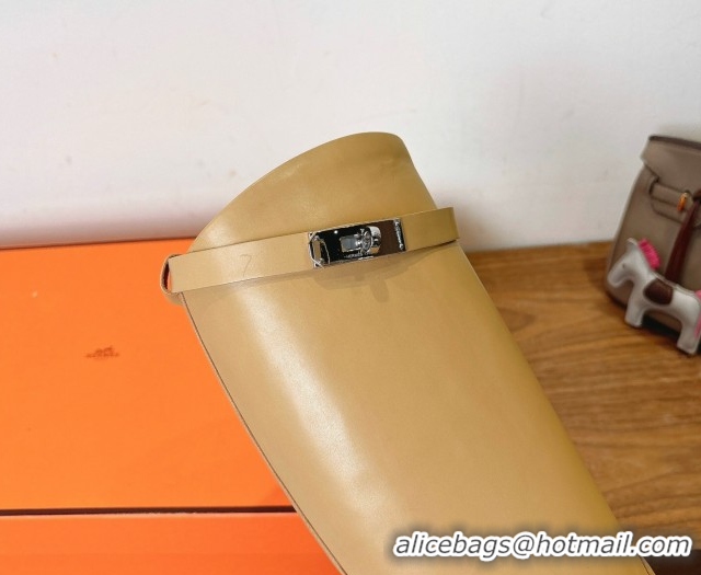 Stylish Hermes Jumping High Flat Boots in Calfskin Leather with Kelly Buckle Strap Beige H102302 1023078