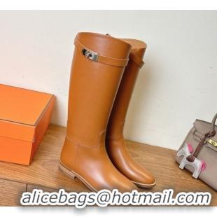 Top Design Hermes Jumping High Flat Boots in Calfskin Leather with Kelly Buckle Strap Brown2 H102302 1023079
