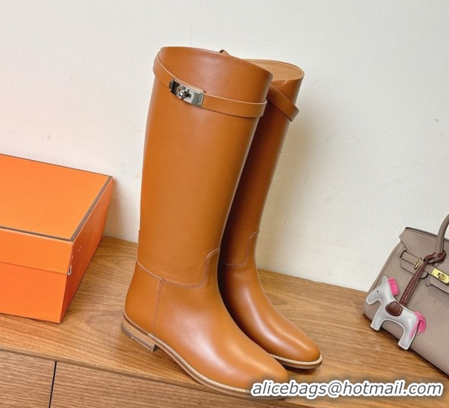 Top Design Hermes Jumping High Flat Boots in Calfskin Leather with Kelly Buckle Strap Brown2 H102302 1023079