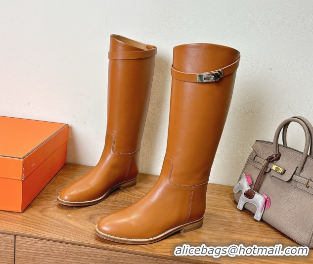 Top Design Hermes Jumping High Flat Boots in Calfskin Leather with Kelly Buckle Strap Brown2 H102302 1023079