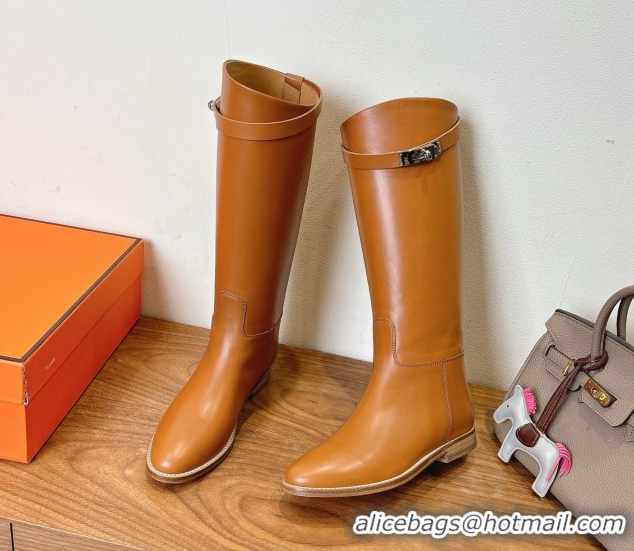 Top Design Hermes Jumping High Flat Boots in Calfskin Leather with Kelly Buckle Strap Brown2 H102302 1023079