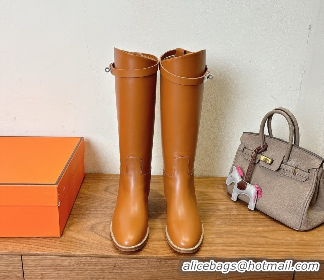 Top Design Hermes Jumping High Flat Boots in Calfskin Leather with Kelly Buckle Strap Brown2 H102302 1023079