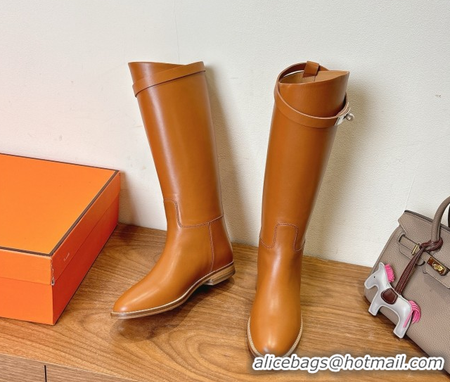 Top Design Hermes Jumping High Flat Boots in Calfskin Leather with Kelly Buckle Strap Brown2 H102302 1023079