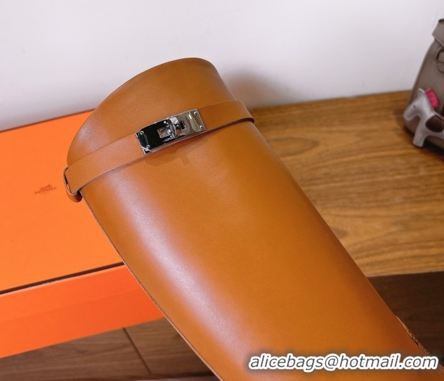 Top Design Hermes Jumping High Flat Boots in Calfskin Leather with Kelly Buckle Strap Brown2 H102302 1023079