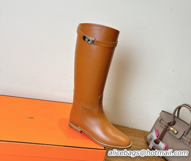 Top Design Hermes Jumping High Flat Boots in Calfskin Leather with Kelly Buckle Strap Brown2 H102302 1023079