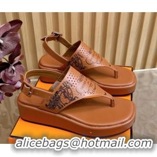 Cheap Price Hermes Printed Calfskin Leather Platform Thong Sandals Brown H102304 1023080