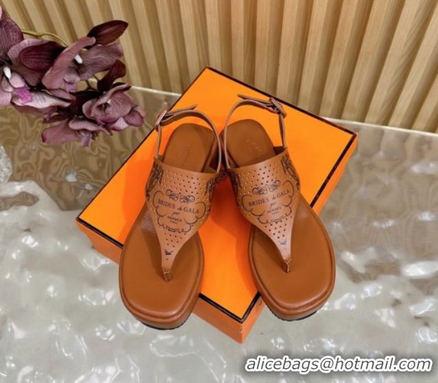 Cheap Price Hermes Printed Calfskin Leather Platform Thong Sandals Brown H102304 1023080