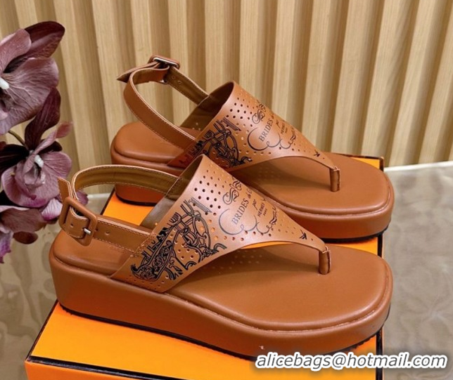Cheap Price Hermes Printed Calfskin Leather Platform Thong Sandals Brown H102304 1023080