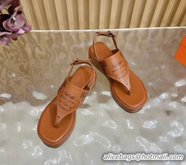 Cheap Price Hermes Printed Calfskin Leather Platform Thong Sandals Brown H102304 1023080