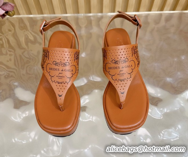 Cheap Price Hermes Printed Calfskin Leather Platform Thong Sandals Brown H102304 1023080