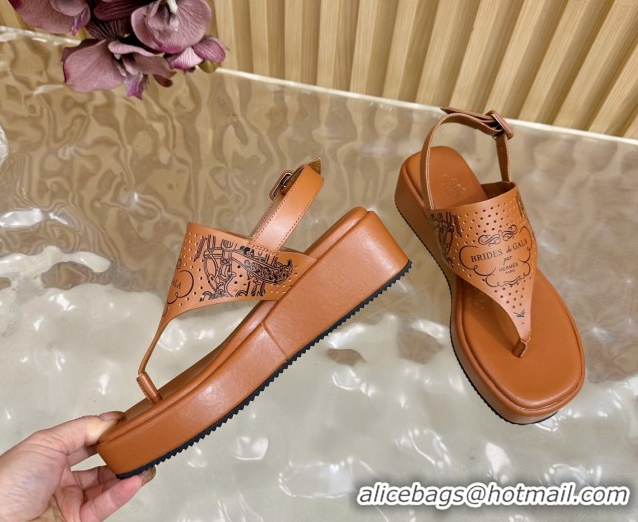 Cheap Price Hermes Printed Calfskin Leather Platform Thong Sandals Brown H102304 1023080