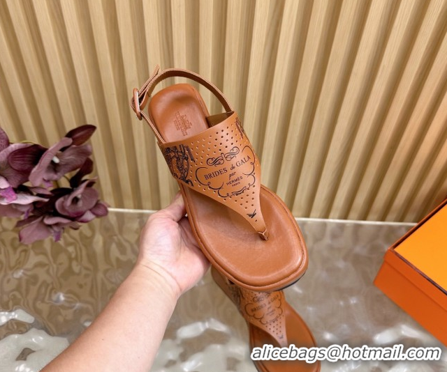 Cheap Price Hermes Printed Calfskin Leather Platform Thong Sandals Brown H102304 1023080