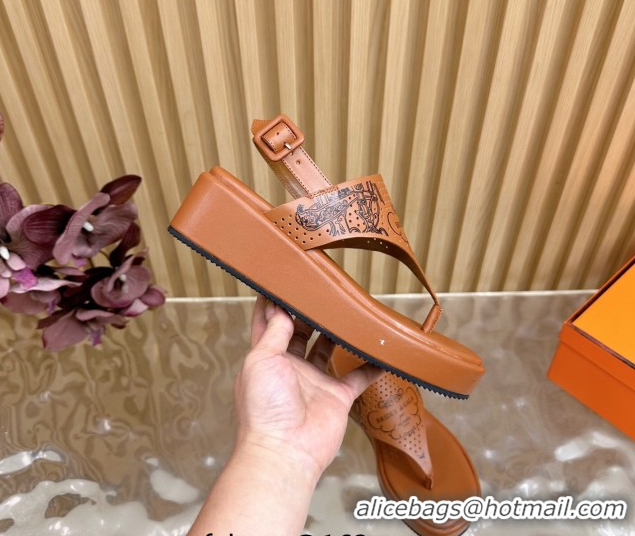 Cheap Price Hermes Printed Calfskin Leather Platform Thong Sandals Brown H102304 1023080