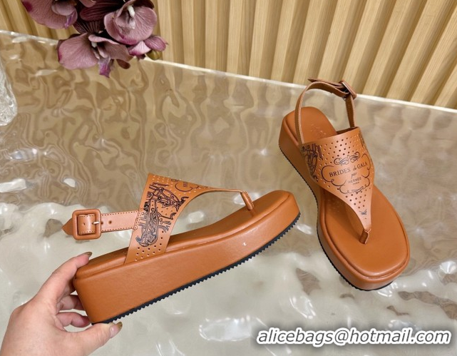 Cheap Price Hermes Printed Calfskin Leather Platform Thong Sandals Brown H102304 1023080