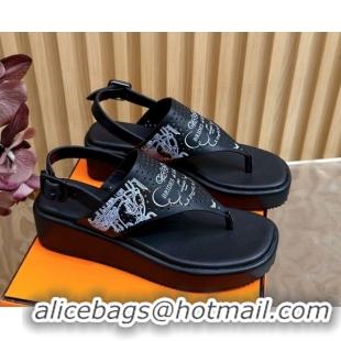 Good Looking Hermes Printed Calfskin Leather Platform Thong Sandals Black H102304 1023081