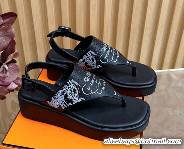 Good Looking Hermes Printed Calfskin Leather Platform Thong Sandals Black H102304 1023081