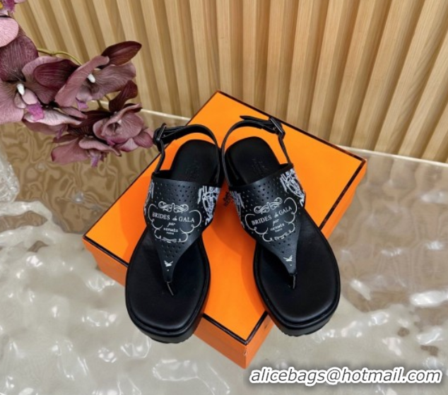 Good Looking Hermes Printed Calfskin Leather Platform Thong Sandals Black H102304 1023081