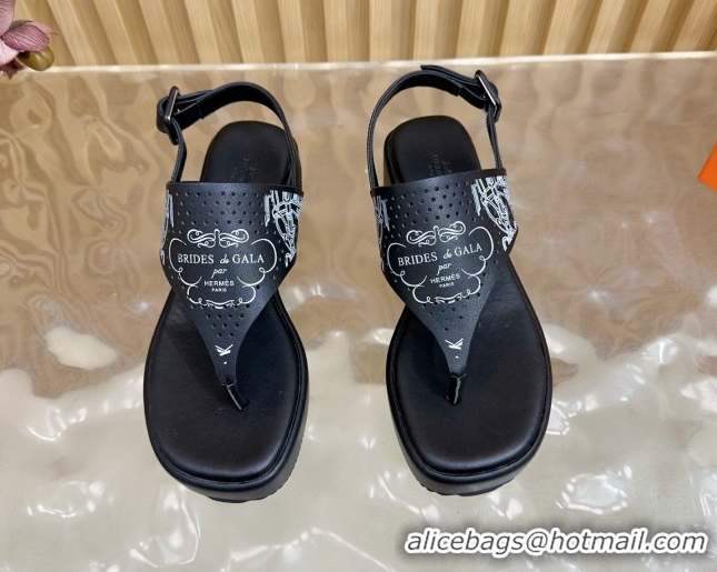 Good Looking Hermes Printed Calfskin Leather Platform Thong Sandals Black H102304 1023081