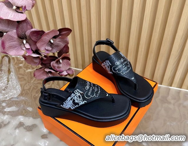 Good Looking Hermes Printed Calfskin Leather Platform Thong Sandals Black H102304 1023081