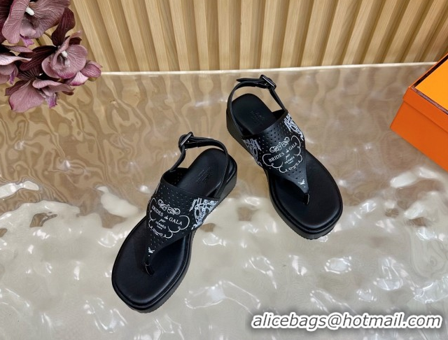 Good Looking Hermes Printed Calfskin Leather Platform Thong Sandals Black H102304 1023081
