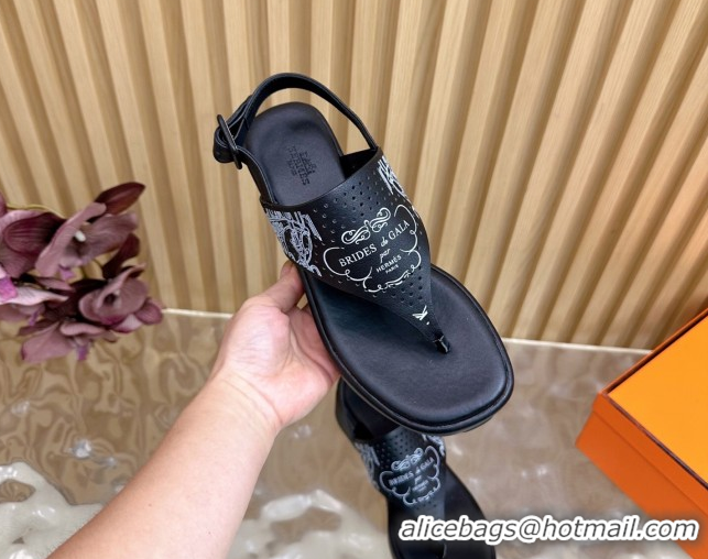 Good Looking Hermes Printed Calfskin Leather Platform Thong Sandals Black H102304 1023081