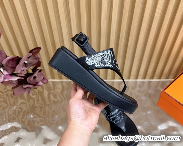 Good Looking Hermes Printed Calfskin Leather Platform Thong Sandals Black H102304 1023081