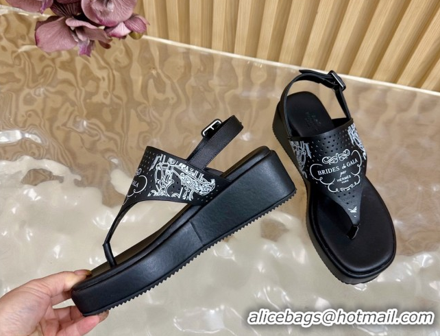 Good Looking Hermes Printed Calfskin Leather Platform Thong Sandals Black H102304 1023081