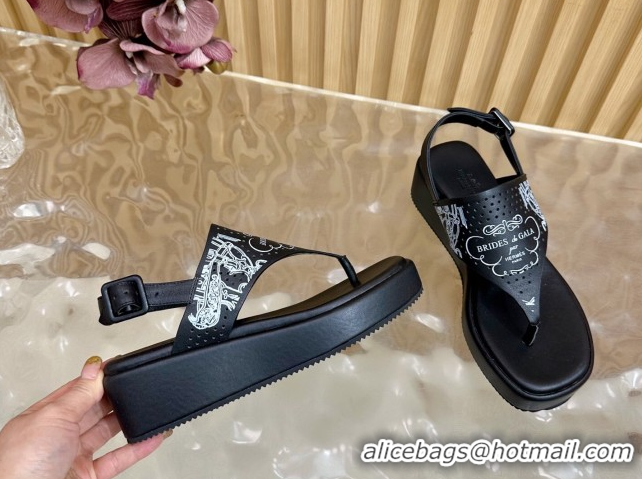 Good Looking Hermes Printed Calfskin Leather Platform Thong Sandals Black H102304 1023081