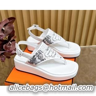 Shop Duplicate Hermes Printed Calfskin Leather Platform Thong Sandals White H102304 1023082