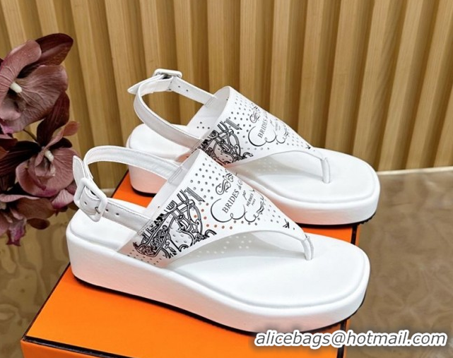 Shop Duplicate Hermes Printed Calfskin Leather Platform Thong Sandals White H102304 1023082