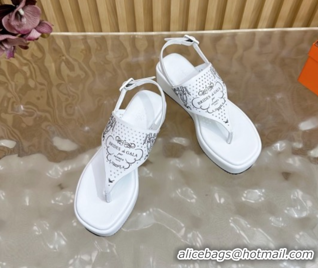 Shop Duplicate Hermes Printed Calfskin Leather Platform Thong Sandals White H102304 1023082