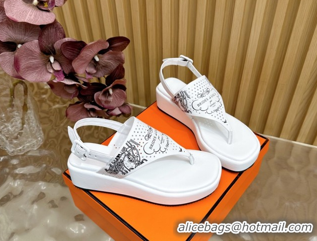 Shop Duplicate Hermes Printed Calfskin Leather Platform Thong Sandals White H102304 1023082