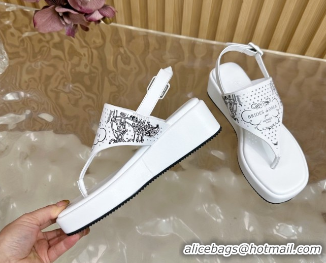 Shop Duplicate Hermes Printed Calfskin Leather Platform Thong Sandals White H102304 1023082