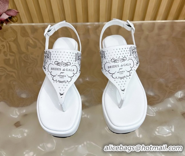 Shop Duplicate Hermes Printed Calfskin Leather Platform Thong Sandals White H102304 1023082