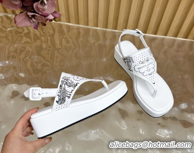 Shop Duplicate Hermes Printed Calfskin Leather Platform Thong Sandals White H102304 1023082