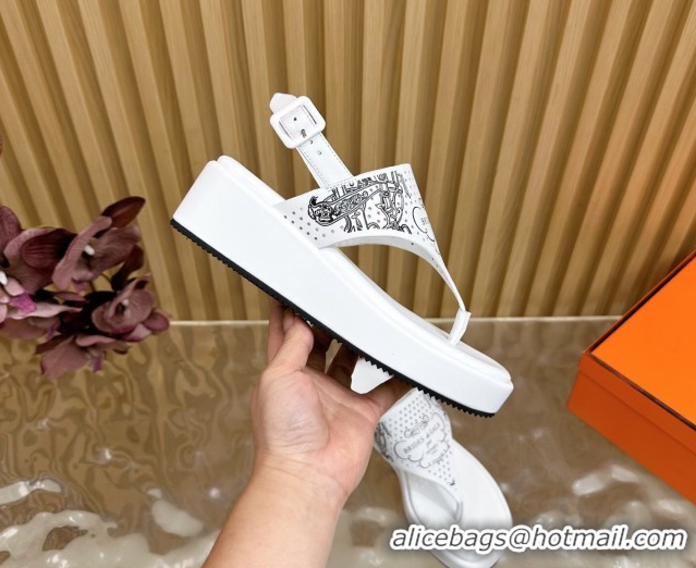 Shop Duplicate Hermes Printed Calfskin Leather Platform Thong Sandals White H102304 1023082