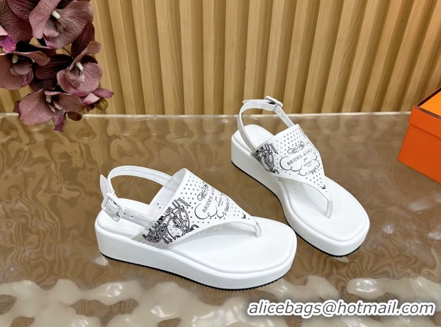 Shop Duplicate Hermes Printed Calfskin Leather Platform Thong Sandals White H102304 1023082