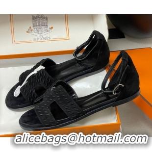 Top Grade Hermes Santorini Flat Sandals in Braided Suede Black 1023083