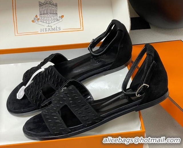 Top Grade Hermes Santorini Flat Sandals in Braided Suede Black 1023083