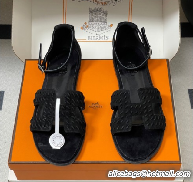 Top Grade Hermes Santorini Flat Sandals in Braided Suede Black 1023083