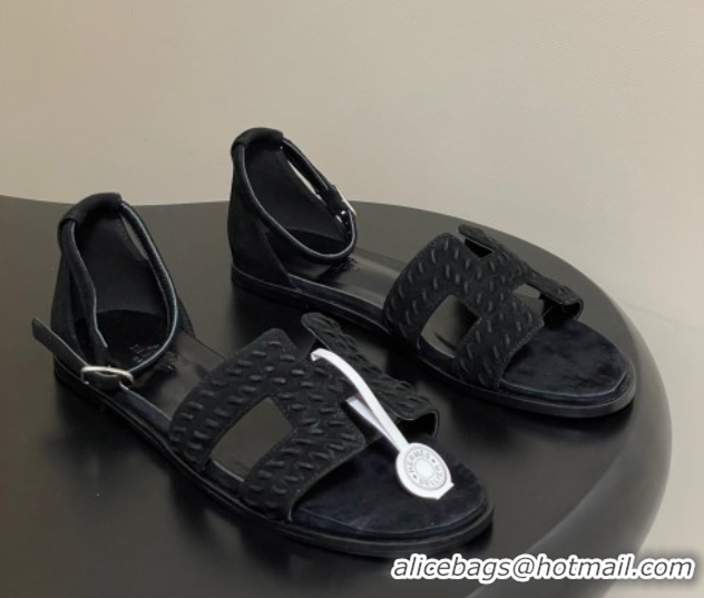 Top Grade Hermes Santorini Flat Sandals in Braided Suede Black 1023083
