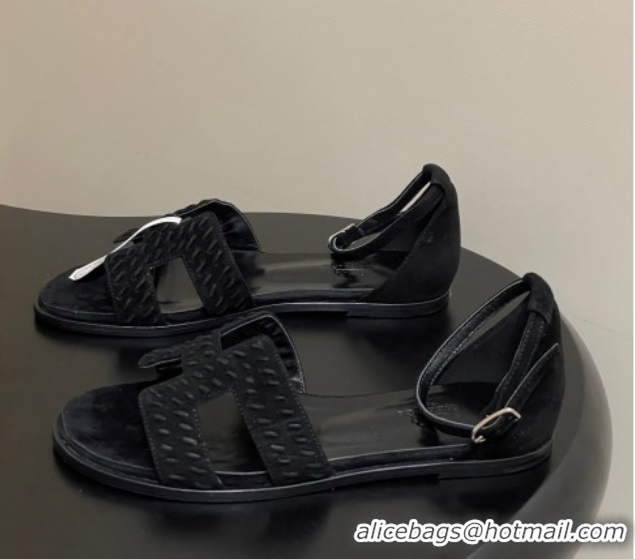 Top Grade Hermes Santorini Flat Sandals in Braided Suede Black 1023083