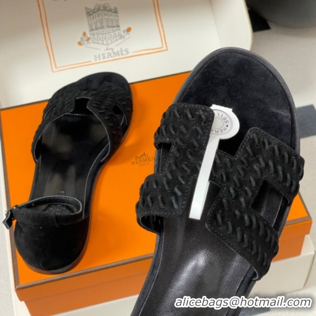 Top Grade Hermes Santorini Flat Sandals in Braided Suede Black 1023083