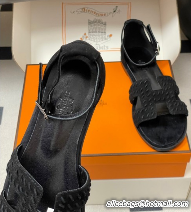Top Grade Hermes Santorini Flat Sandals in Braided Suede Black 1023083