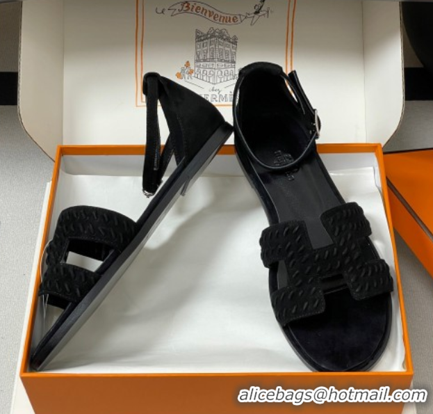 Top Grade Hermes Santorini Flat Sandals in Braided Suede Black 1023083