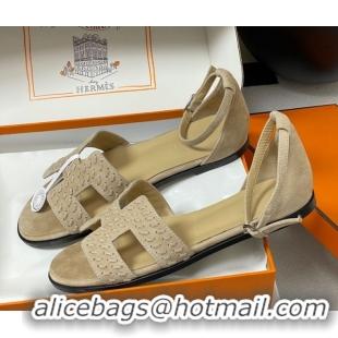 Best Product Hermes Santorini Flat Sandals in Braided Suede Beige 1023084