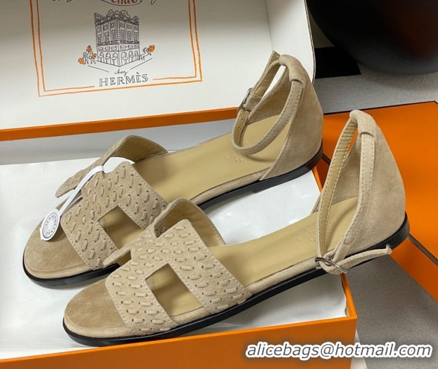 Best Product Hermes Santorini Flat Sandals in Braided Suede Beige 1023084