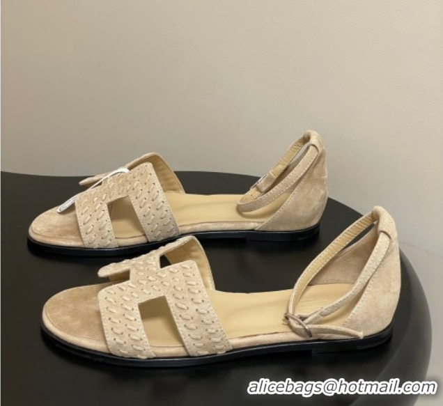 Best Product Hermes Santorini Flat Sandals in Braided Suede Beige 1023084