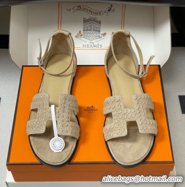 Best Product Hermes Santorini Flat Sandals in Braided Suede Beige 1023084